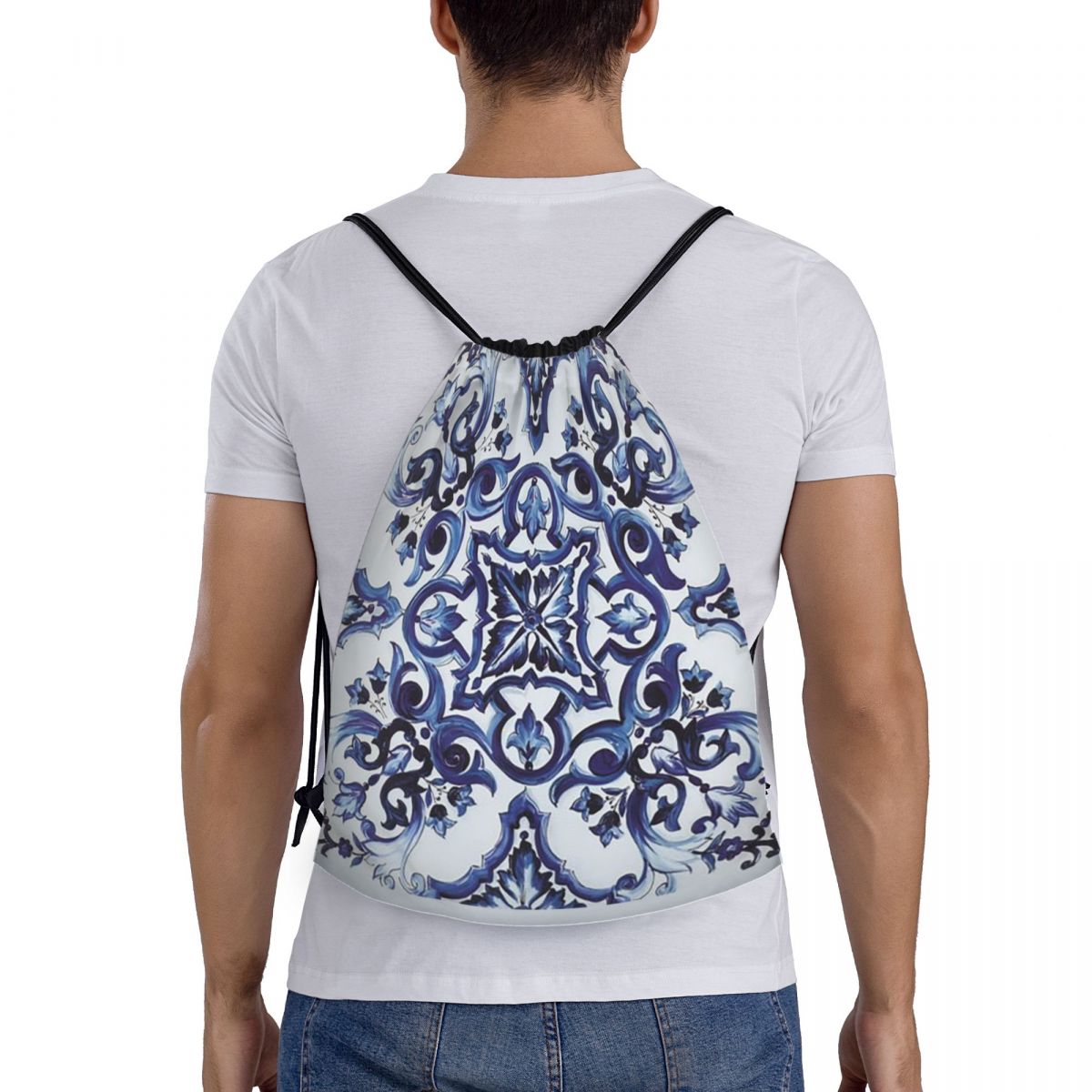 Tile Bag Drawstring - Blue Ornate Floral Mediterranean Sicilian Tile