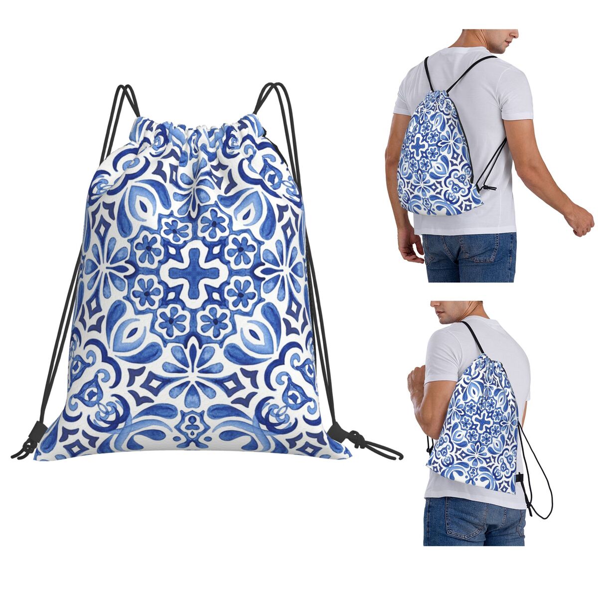 Tile Bag Drawstring - Mediterranean Mosaic Tiles Azulejos Backpacks Casual