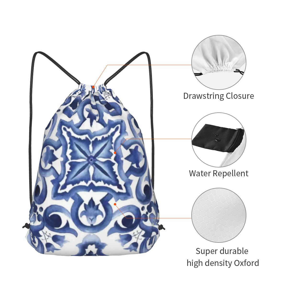 Blue Ornate Floral Mediterrane - đánh giá và giá Tile Bag Drawstring
