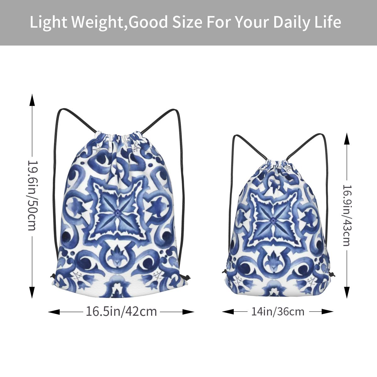 Blue Ornate Floral Mediterrane - đánh giá và giá Tile Bag Drawstring