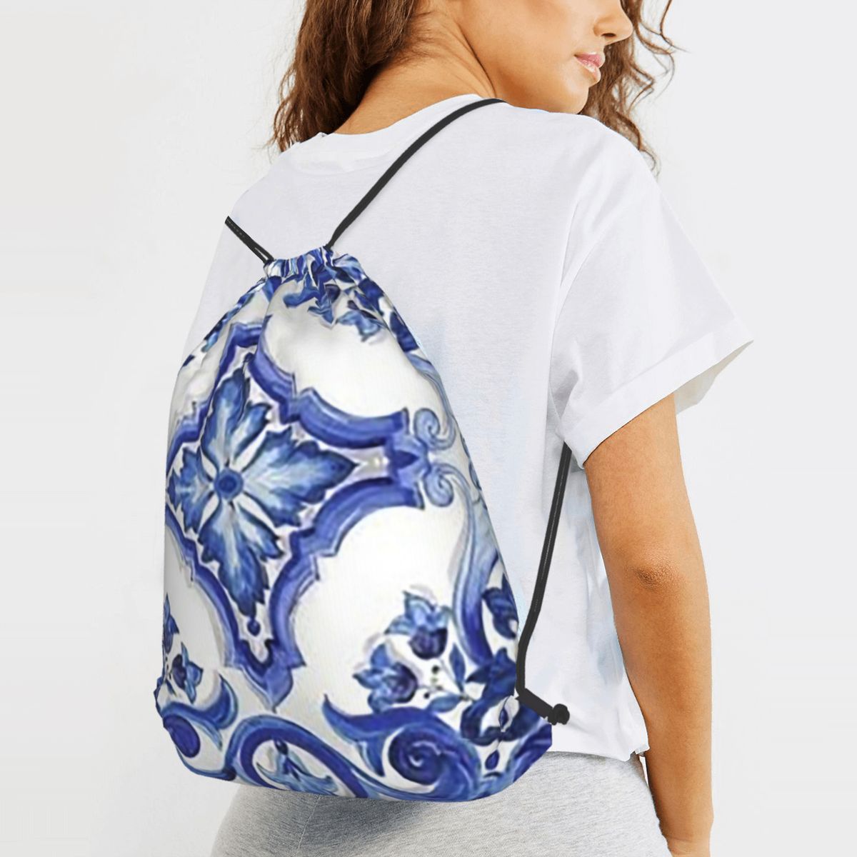 Blue Ornate Floral Mediterrane - đánh giá và giá Tile Bag Drawstring