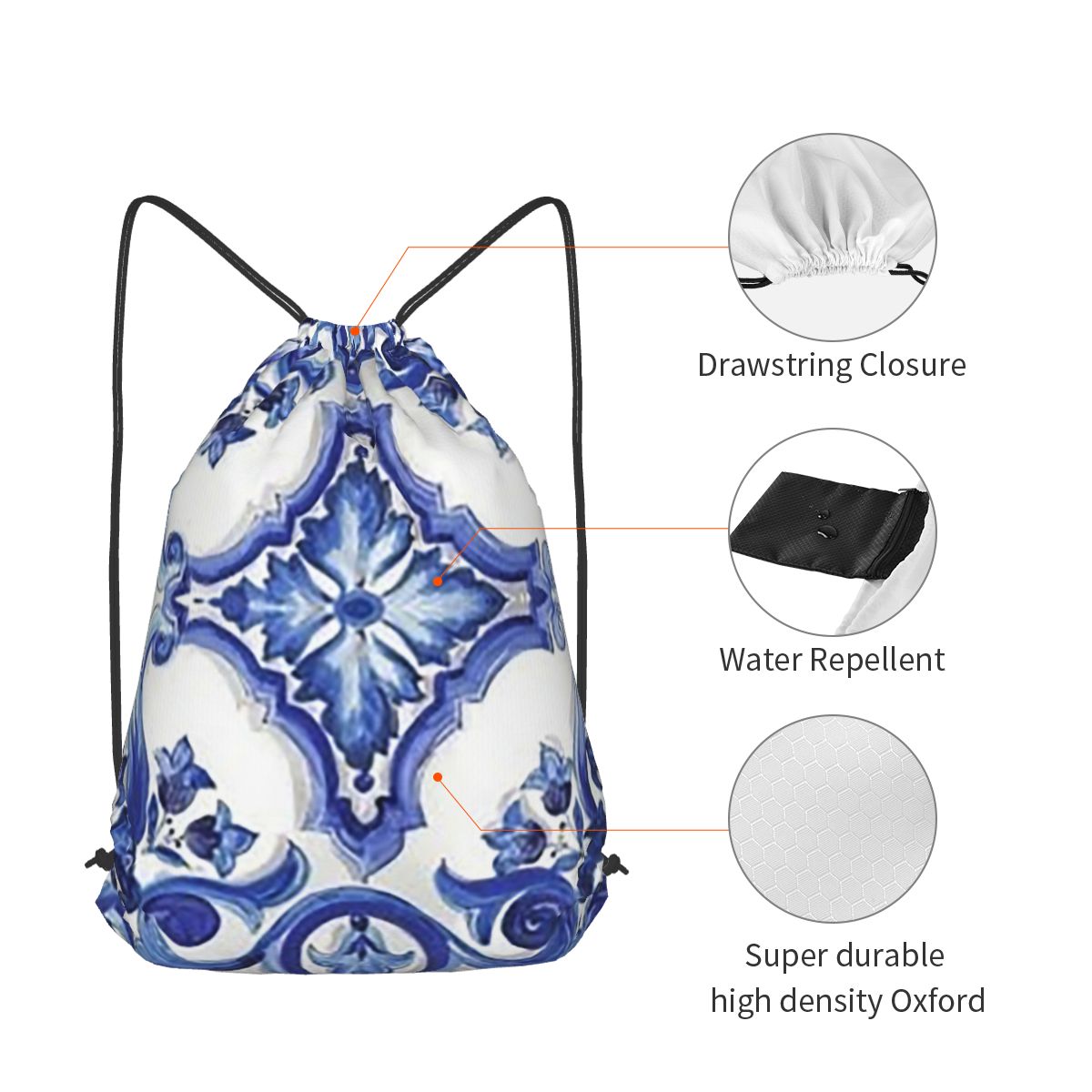 Blue Ornate Floral Mediterrane - đánh giá và giá Tile Bag Drawstring