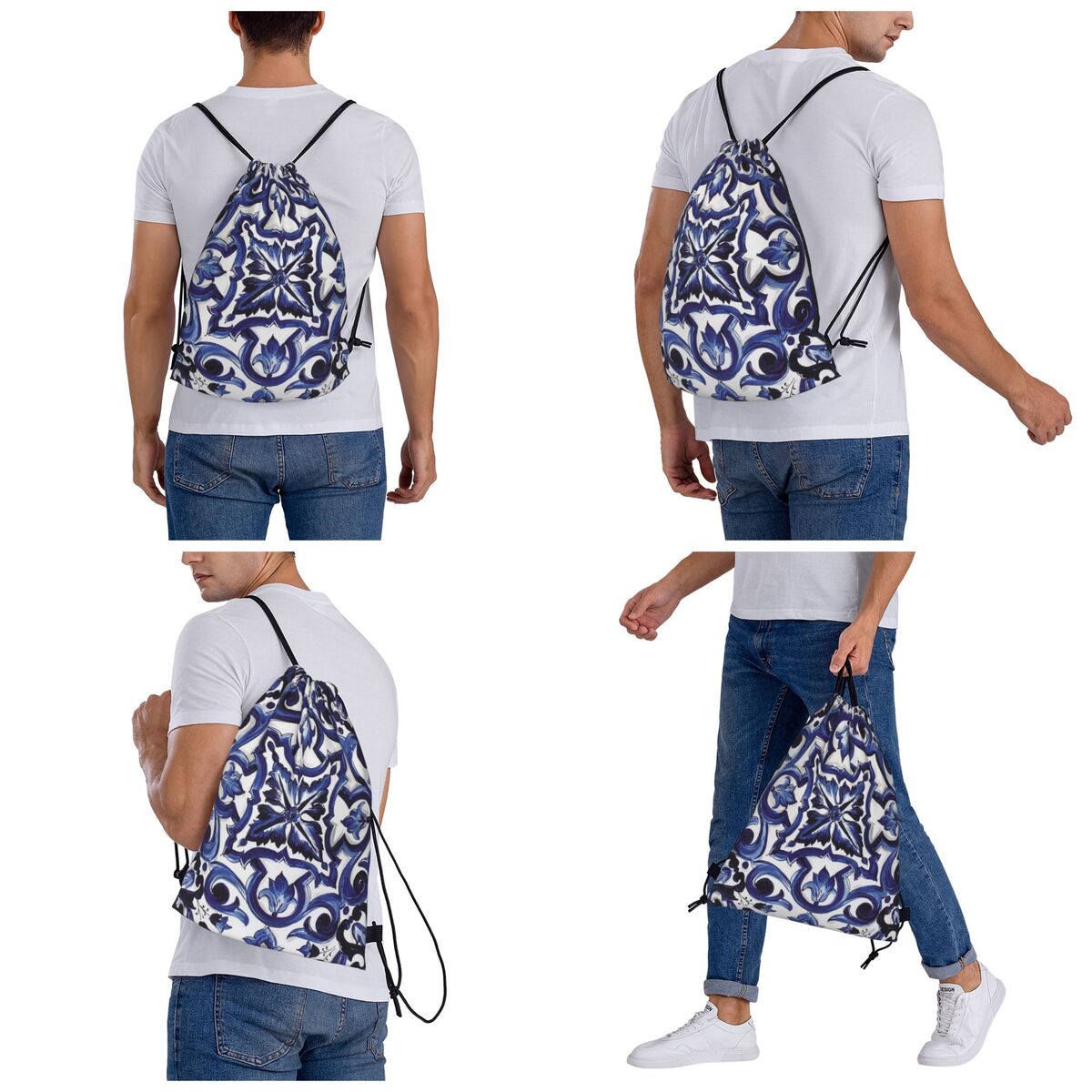Blue Ornate Floral Mediterrane - đánh giá và giá Tile Bag Drawstring