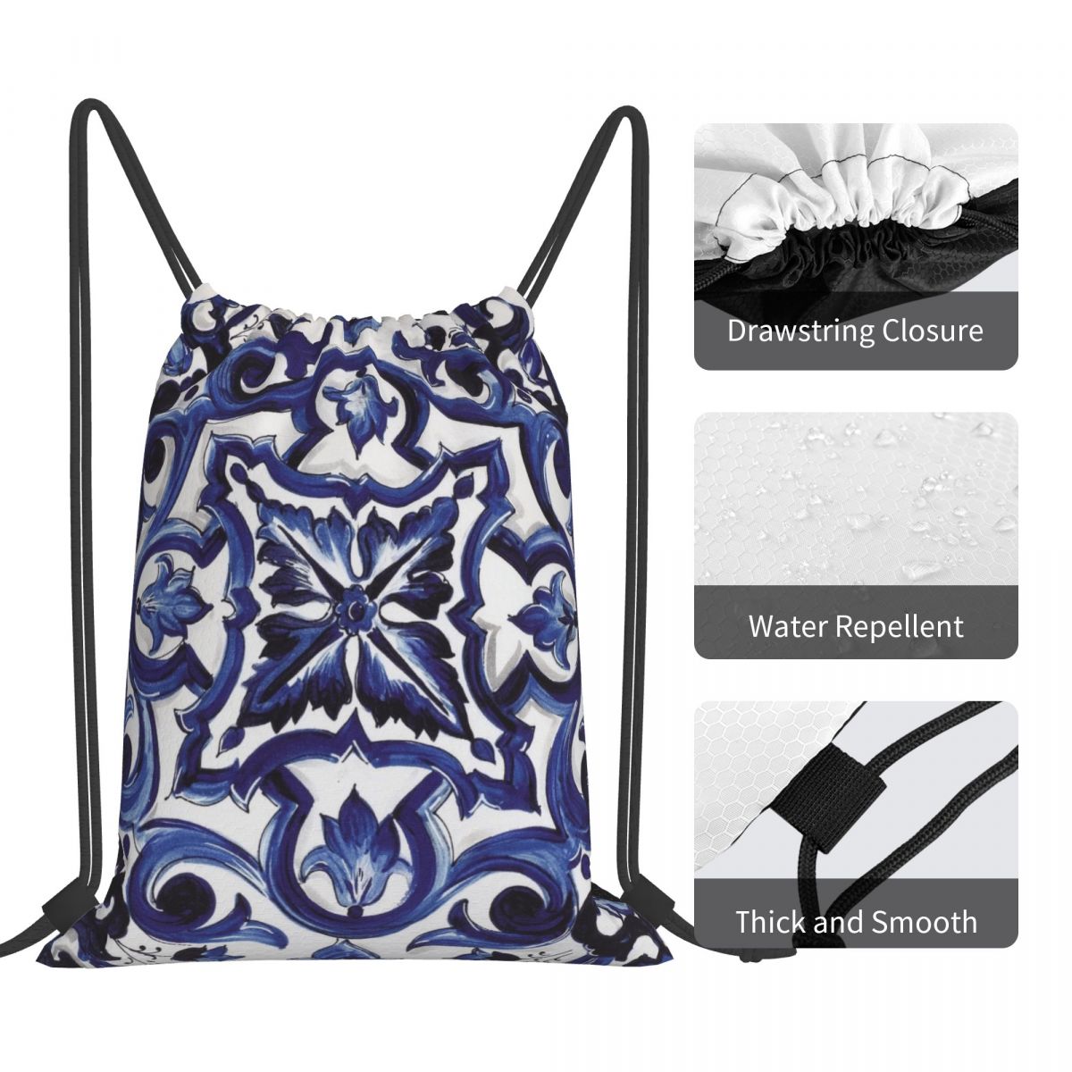 Blue Ornate Floral Mediterrane - đánh giá và giá Tile Bag Drawstring