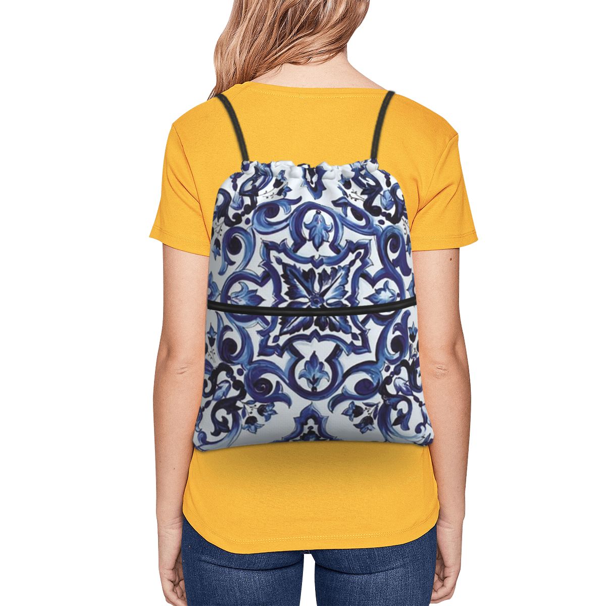 Blue Ornate Floral Mediterrane - đánh giá và giá Tile Bag Drawstring