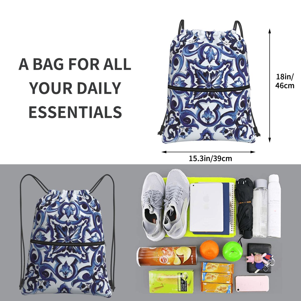 Blue Ornate Floral Mediterrane - đánh giá và giá Tile Bag Drawstring