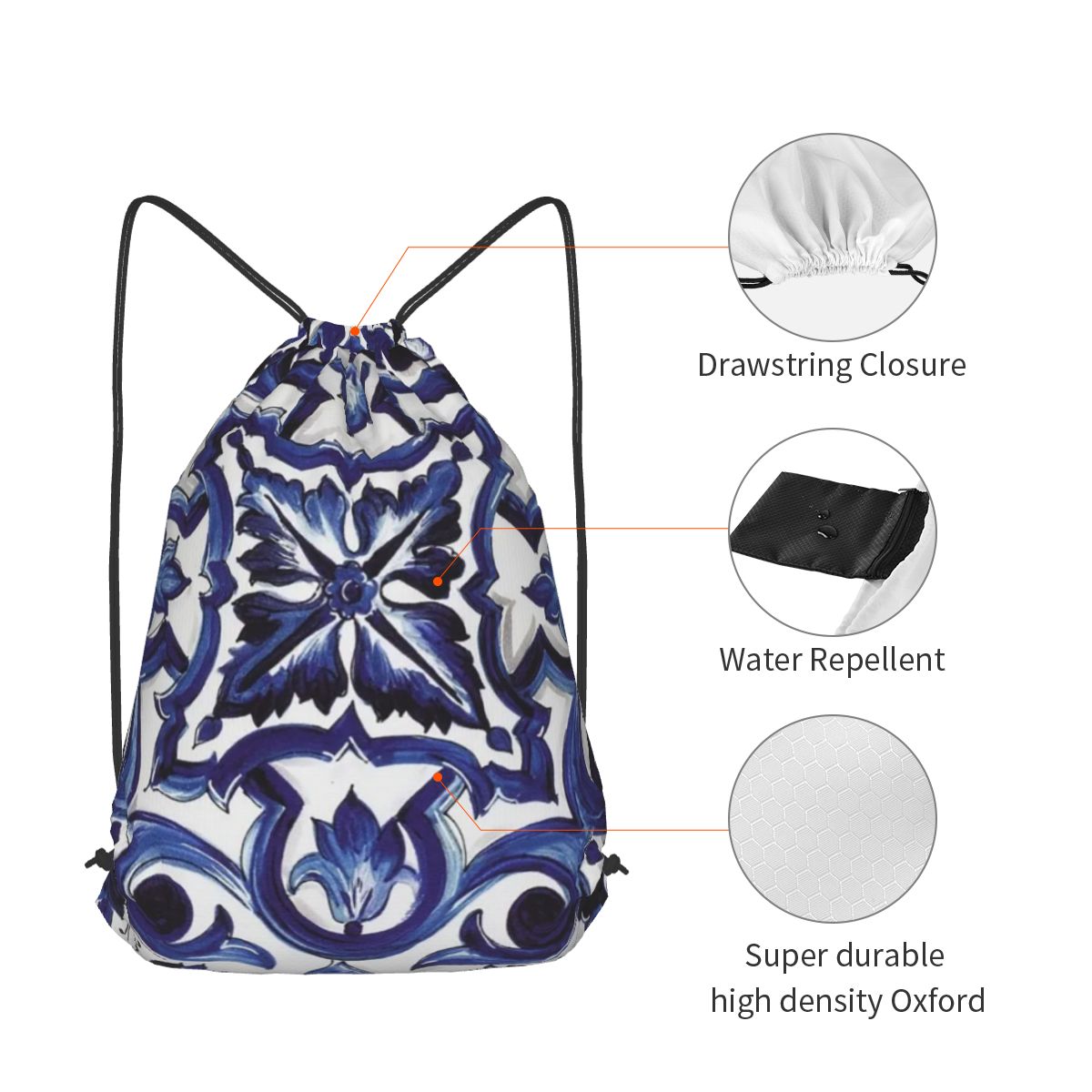 Blue Ornate Floral Mediterrane - đánh giá và giá Tile Bag Drawstring