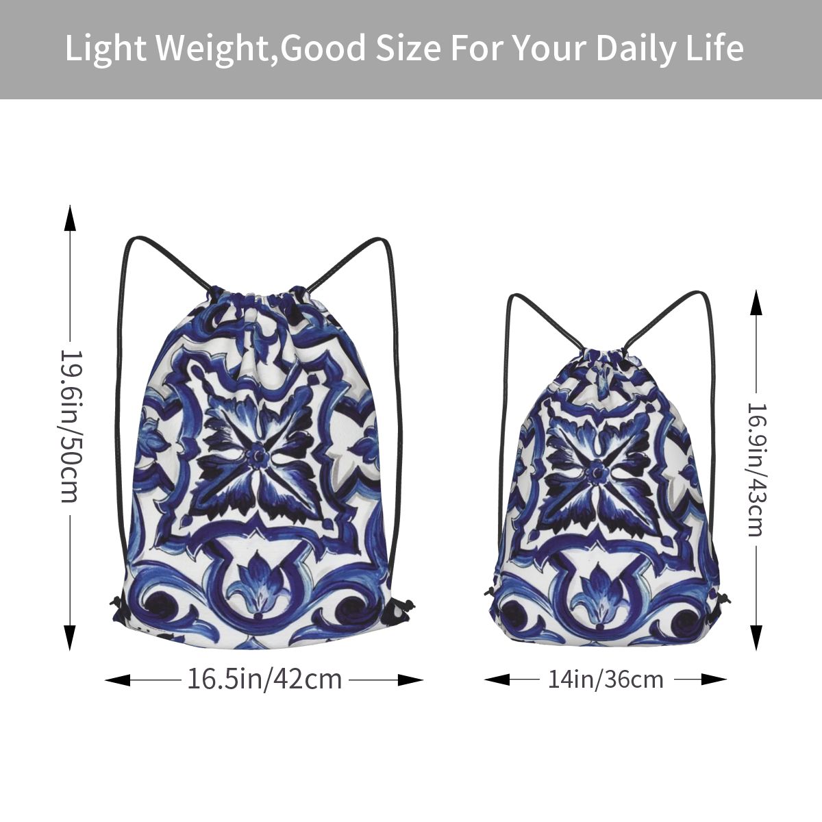 Blue Ornate Floral Mediterrane - đánh giá và giá Tile Bag Drawstring