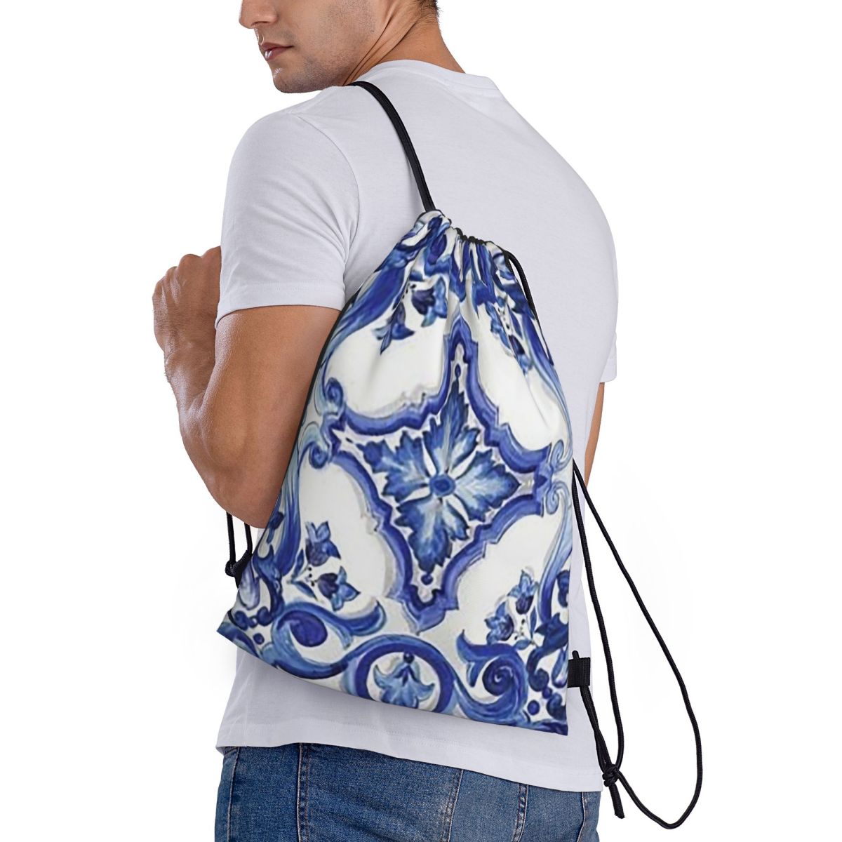 Blue Ornate Floral Mediterrane - đánh giá và giá Tile Bag Drawstring