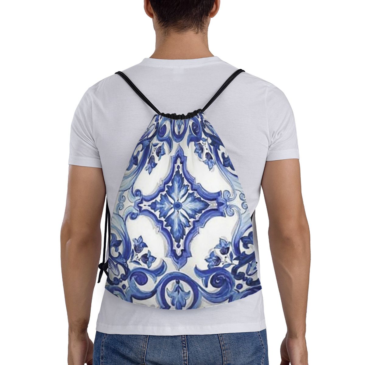 Blue Ornate Floral Mediterrane - đánh giá và giá Tile Bag Drawstring