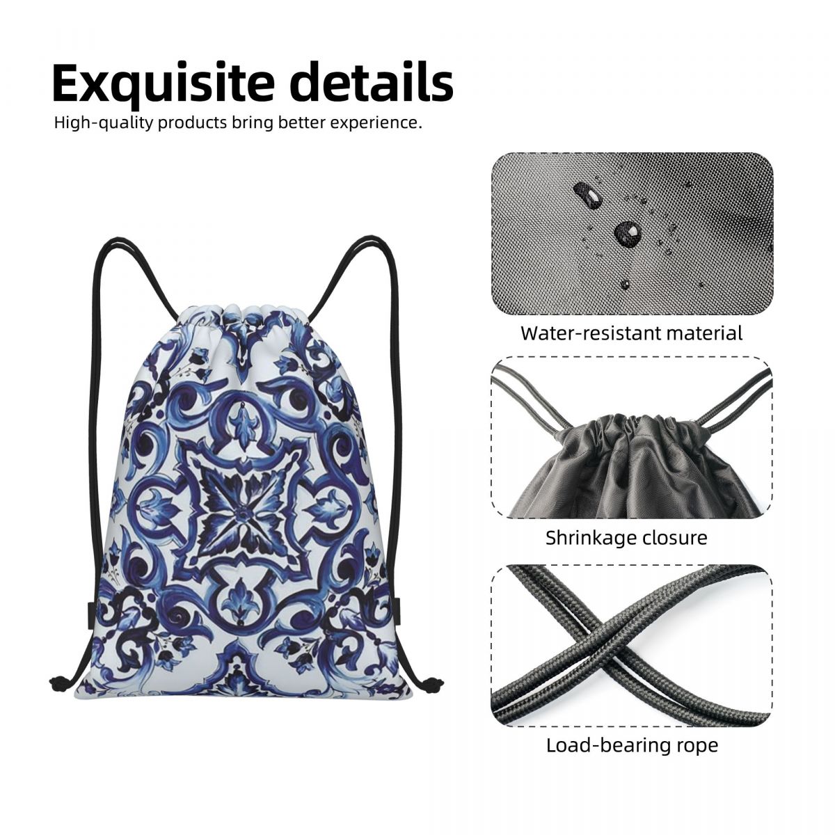 Blue Ornate Floral Mediterrane - đánh giá và giá Tile Bag Drawstring