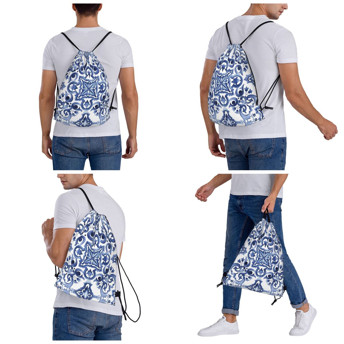 Blue Ornate Floral Mediterrane - đánh giá và giá Tile Bag Drawstring