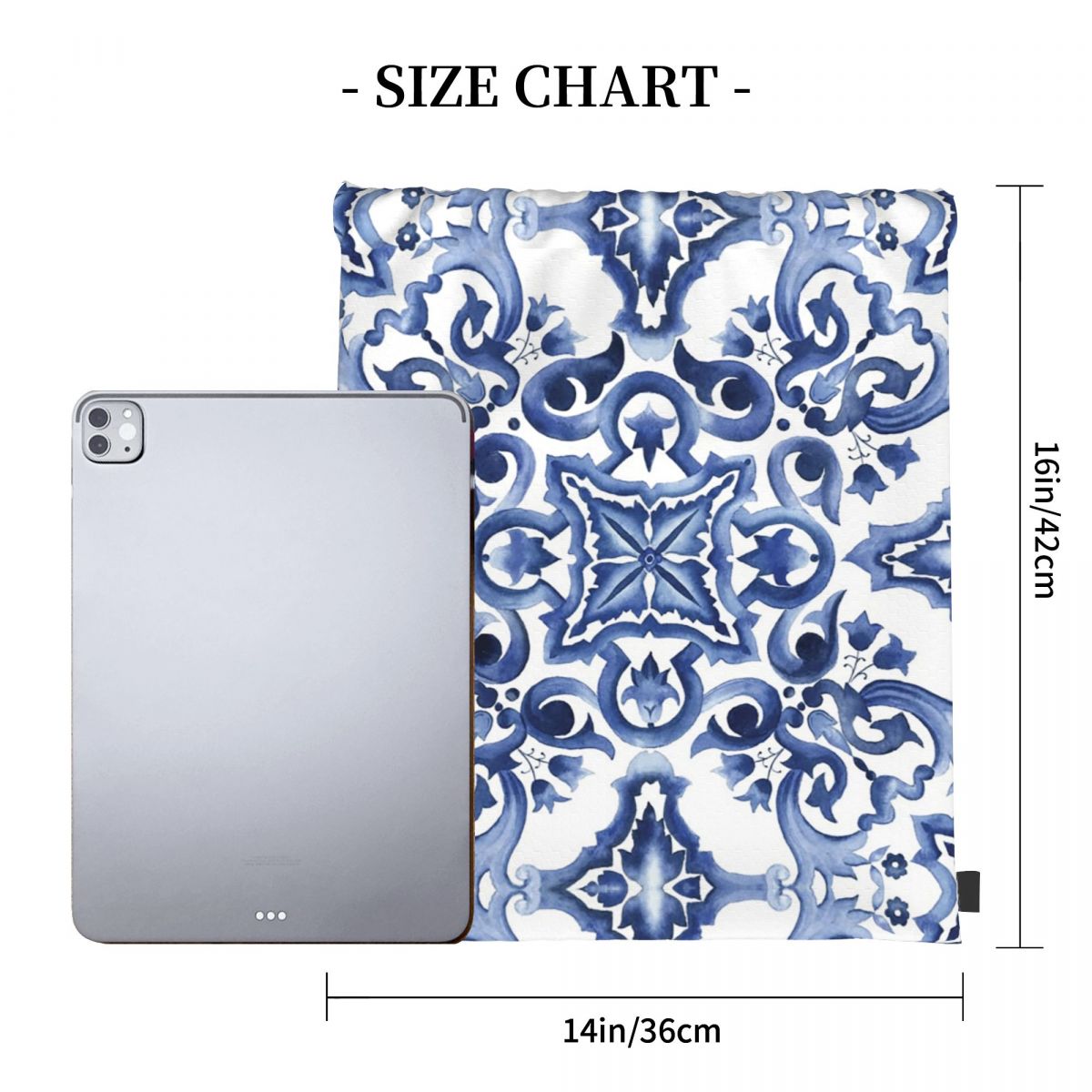 Blue Ornate Floral Mediterrane - đánh giá và giá Tile Bag Drawstring