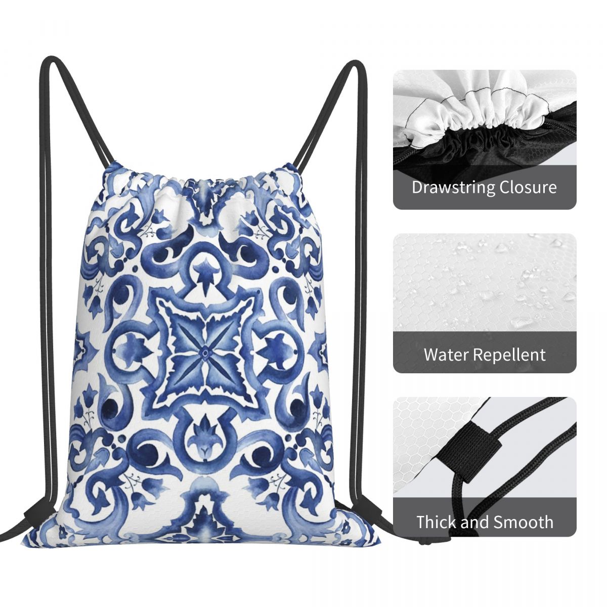 Blue Ornate Floral Mediterrane - đánh giá và giá Tile Bag Drawstring