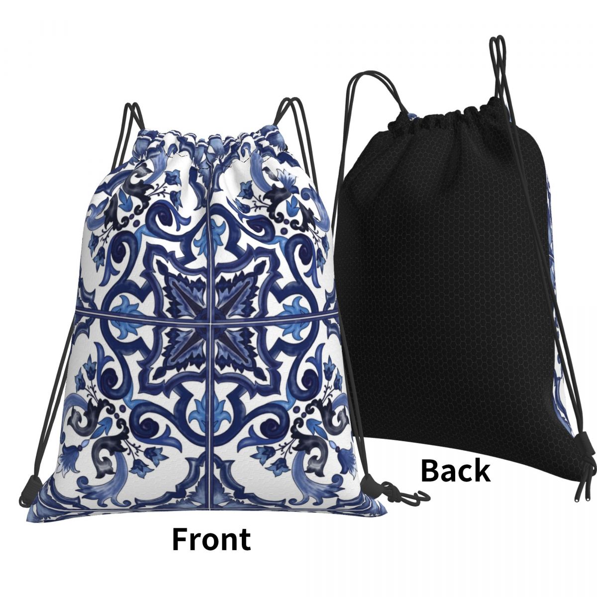 Blue Ornate Floral Mediterrane - đánh giá và giá Tile Bag Drawstring