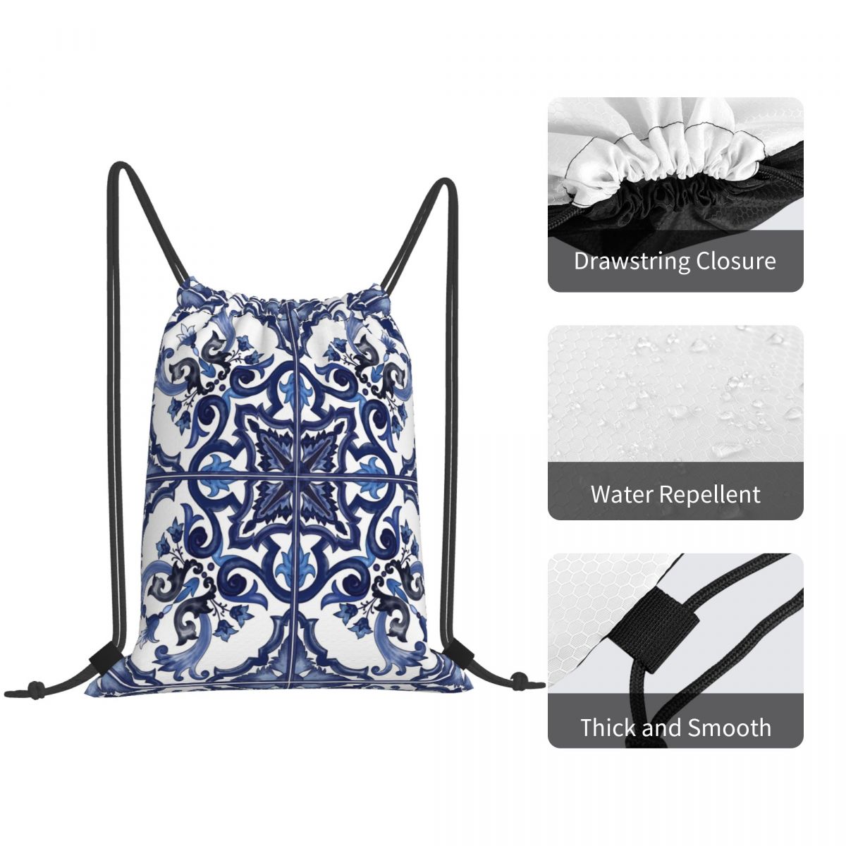 Blue Ornate Floral Mediterrane - đánh giá và giá Tile Bag Drawstring