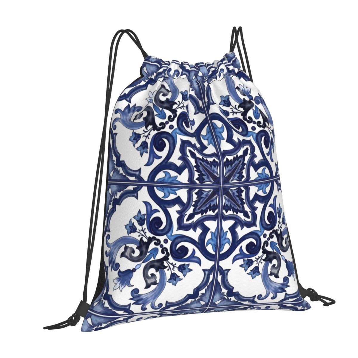 Blue Ornate Floral Mediterrane - đánh giá và giá Tile Bag Drawstring
