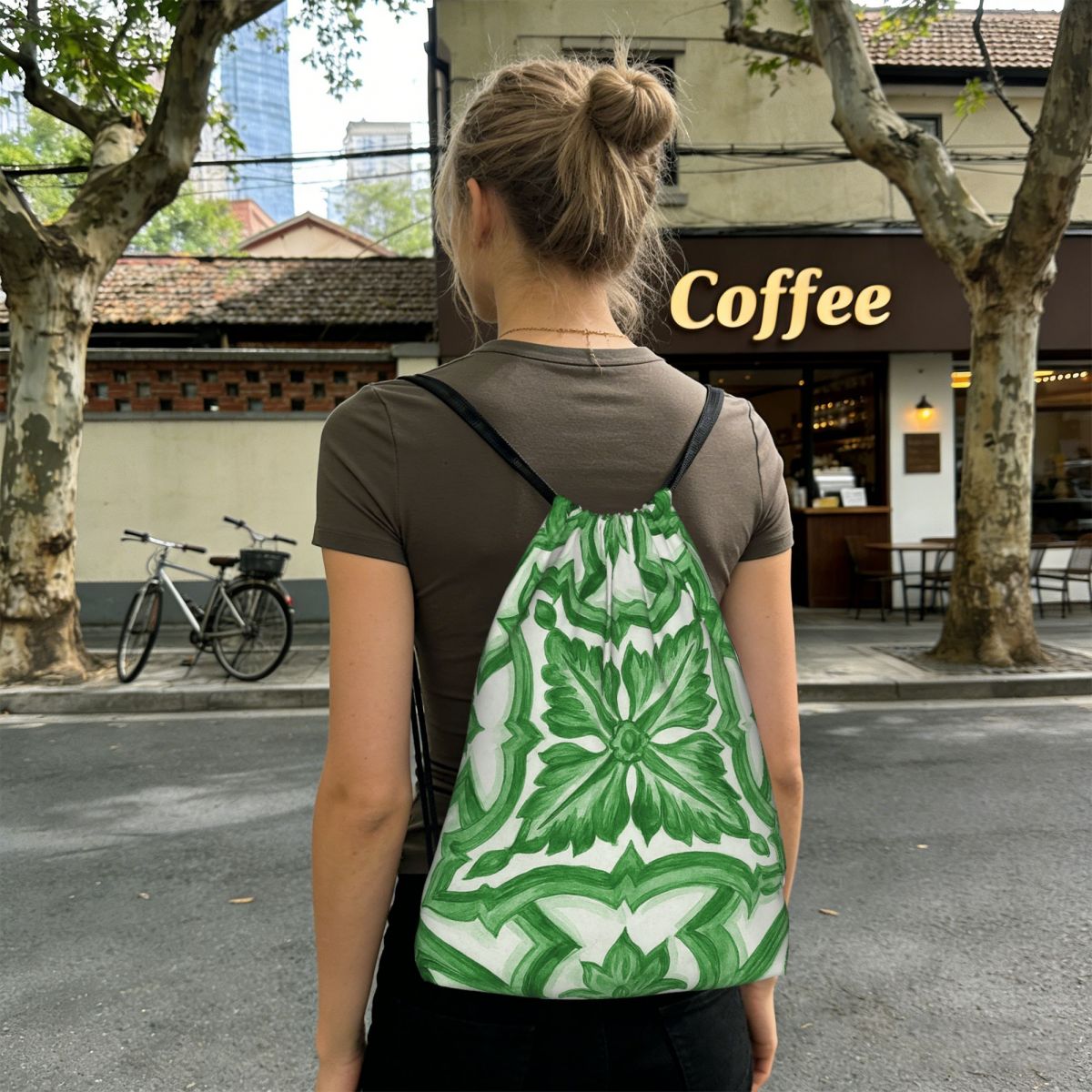 Green Ornate Floral Mediterran - đánh giá và giá Tile Bag Drawstring