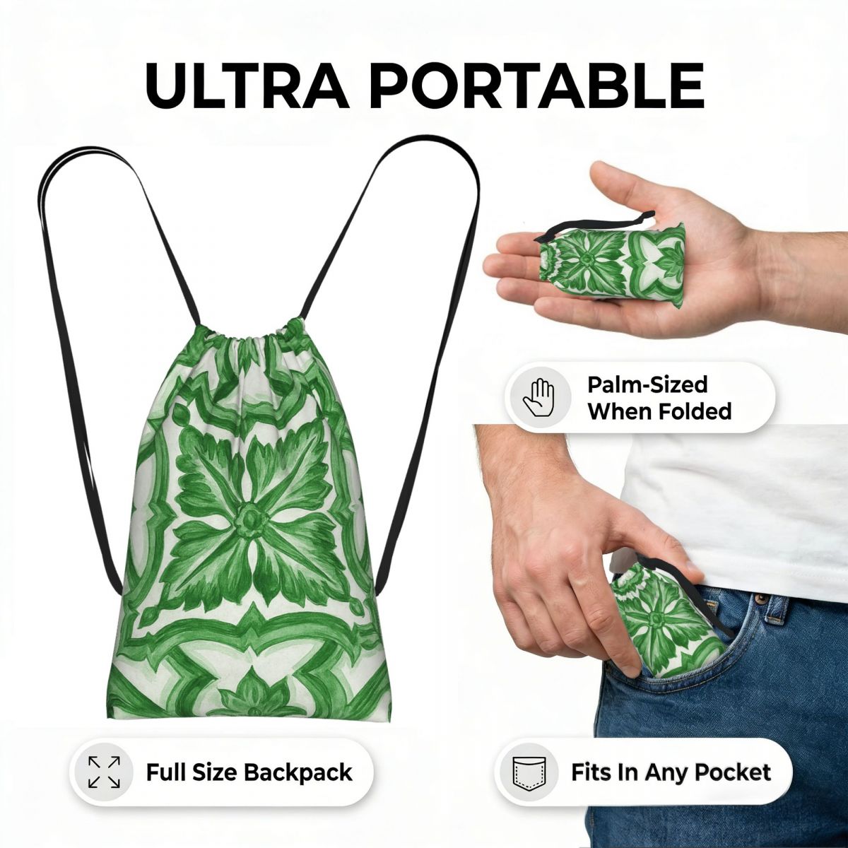 Green Ornate Floral Mediterran - đánh giá và giá Tile Bag Drawstring